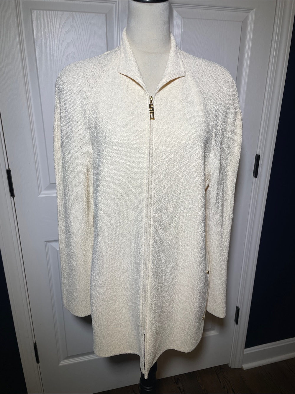St John Collection Marie Gray Cream Santana Knit Full Zip Jacket Mock Neck Sz 12